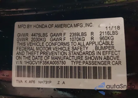 2019 Honda Accord Sport z USA, uszkodzony, nr VIN 1HGCV1F35KA005750